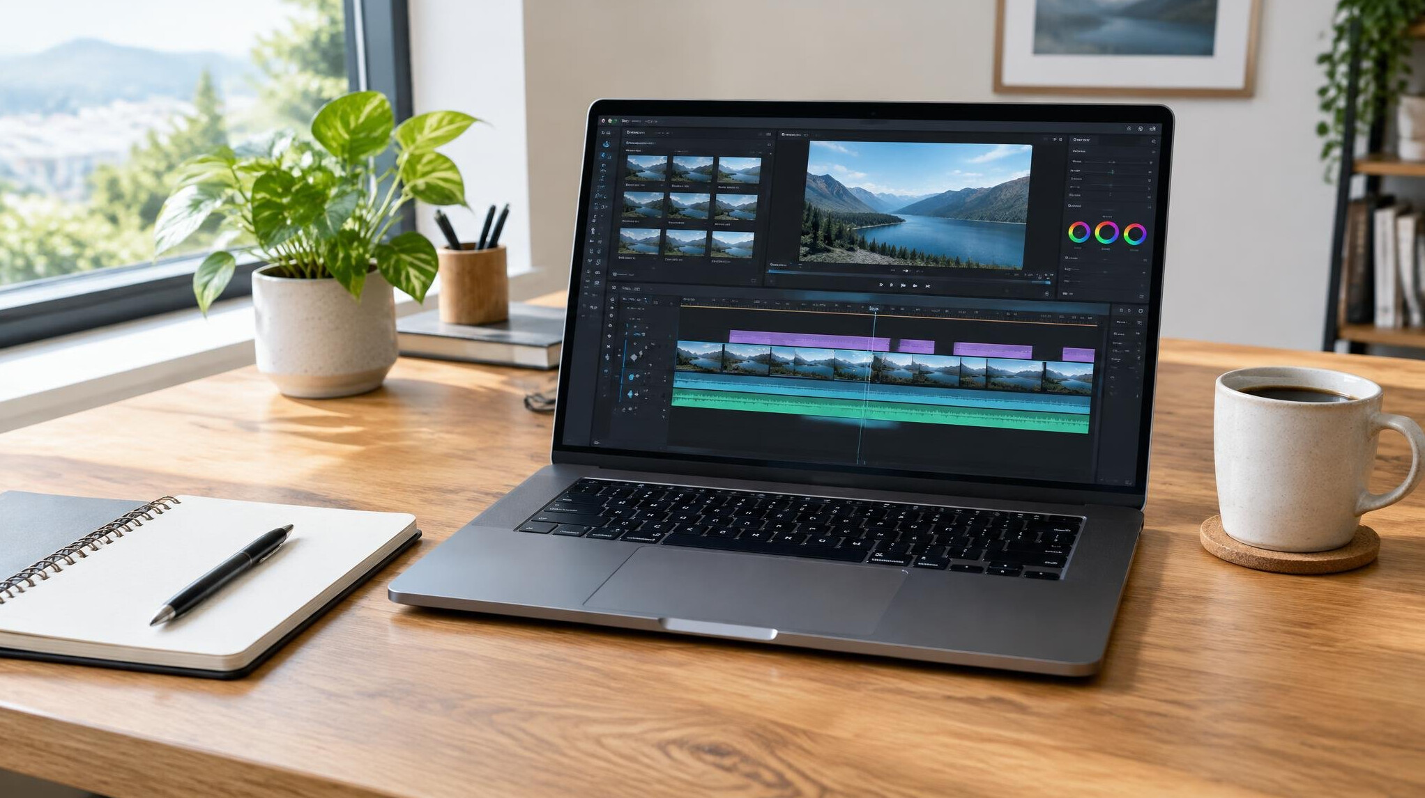 Laptop workspace with video editing software open