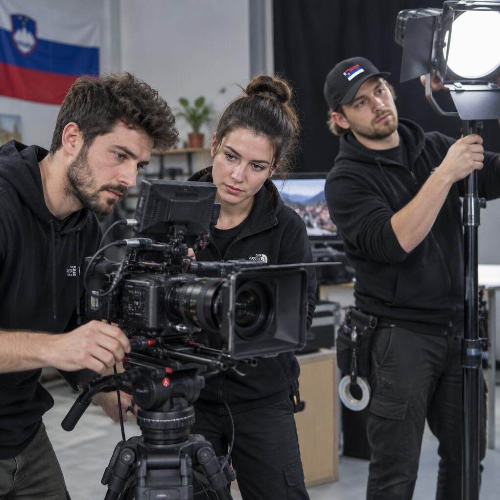 Small production crew setting up camera equipment