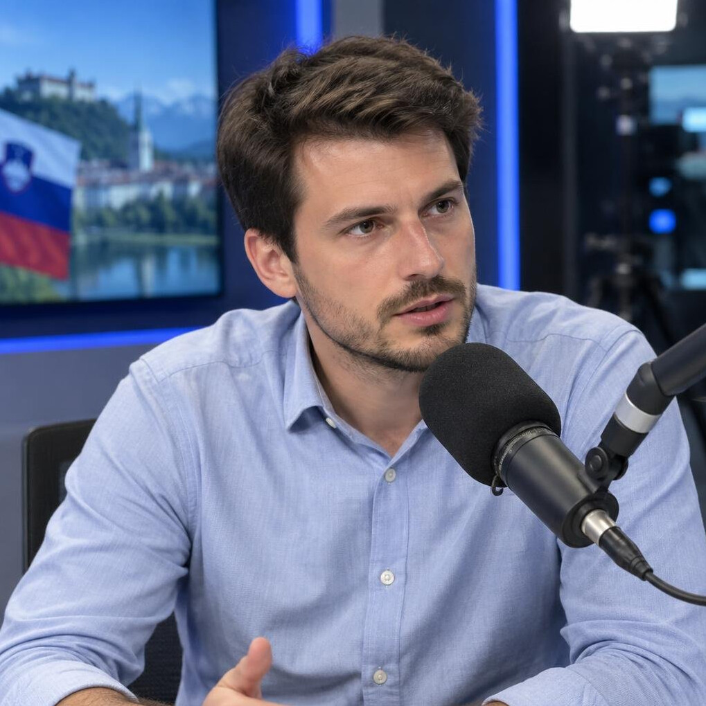 Journalist speaking into a studio microphone during a broadcast interview